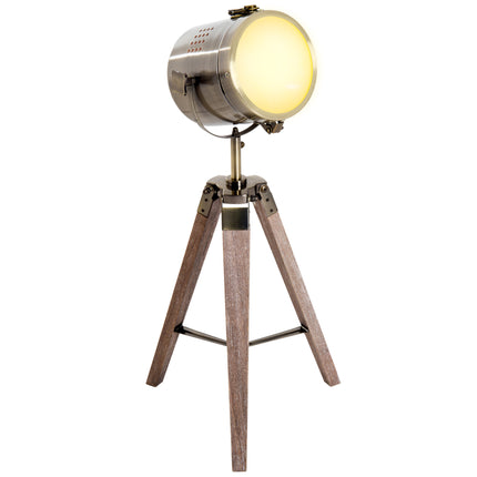 Vintage Tripod Table Desk Lamp with Adjustable Spotlight and Wooden Base - Brass Antique