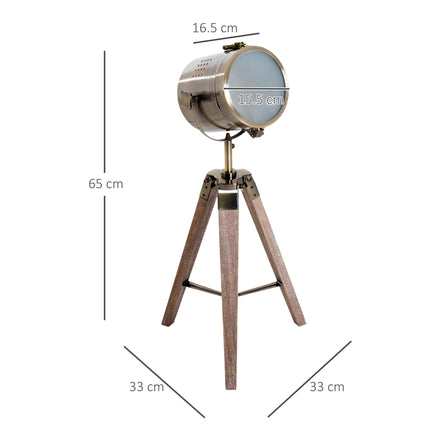 Vintage Tripod Table Desk Lamp with Adjustable Spotlight and Wooden Base - Brass Antique