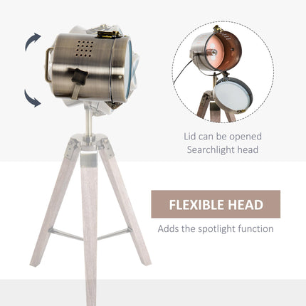 Vintage Tripod Table Desk Lamp with Adjustable Spotlight and Wooden Base - Brass Antique