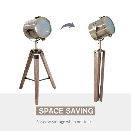 Vintage Tripod Table Desk Lamp with Adjustable Spotlight and Wooden Base - Brass Antique