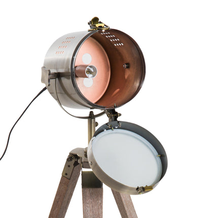Vintage Tripod Table Desk Lamp with Adjustable Spotlight and Wooden Base - Brass Antique