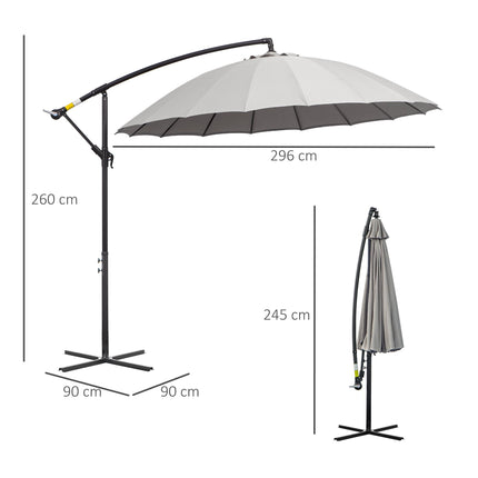 3 Metre Cantilever Garden Umbrella with Crank Handle and Cross Base - Grey