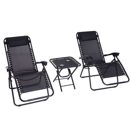 3 Piece Folding Zero Gravity Chair Set with Table and Cup Holders - Black