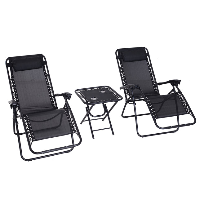 3 Piece Folding Zero Gravity Chair Set with Table and Cup Holders - Black