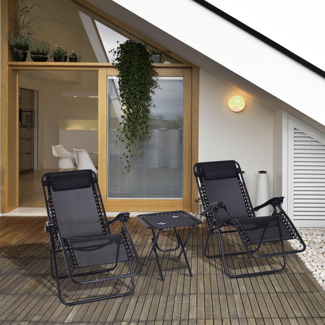 3 Piece Folding Zero Gravity Chair Set with Table and Cup Holders - Black