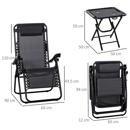 3 Piece Folding Zero Gravity Chair Set with Table and Cup Holders - Black