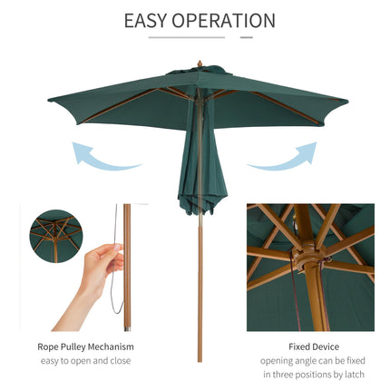 2.5m Wooden Garden Patio Parasol with Rope Pulley - Dark Green
