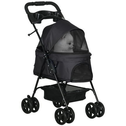 Foldable Dog Pram Stroller with 4 Wheels, Safety Leashes & Cup Holder for Small Dogs - Black