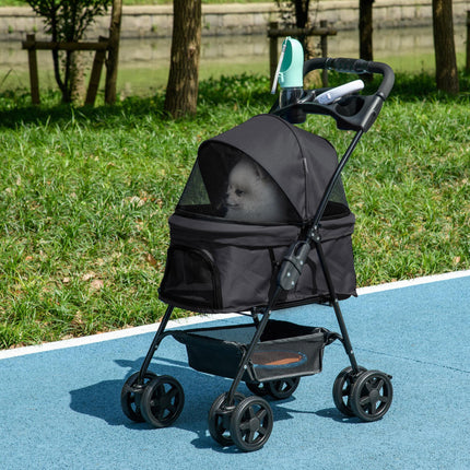 Foldable Dog Pram Stroller with 4 Wheels, Safety Leashes & Cup Holder for Small Dogs - Black