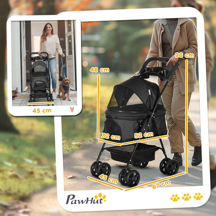 Foldable Dog Pram Stroller with 4 Wheels, Safety Leashes & Cup Holder for Small Dogs - Black