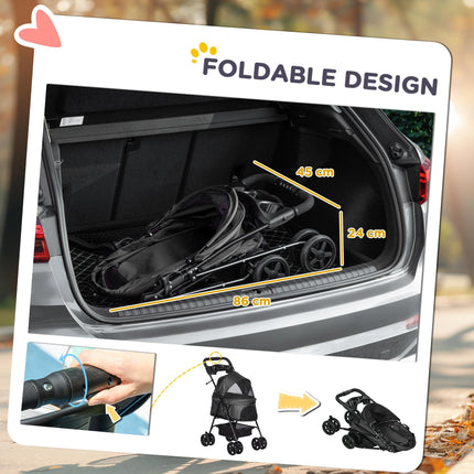 Foldable Dog Pram Stroller with 4 Wheels, Safety Leashes & Cup Holder for Small Dogs - Black