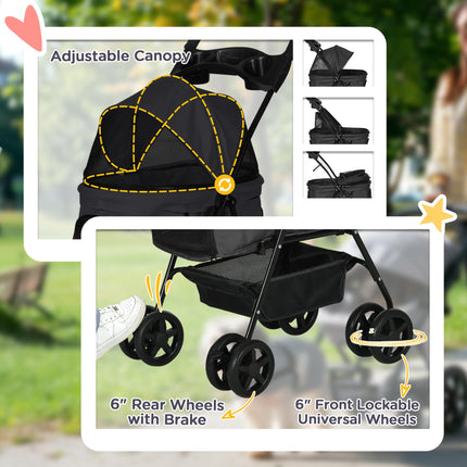 Foldable Dog Pram Stroller with 4 Wheels, Safety Leashes & Cup Holder for Small Dogs - Black