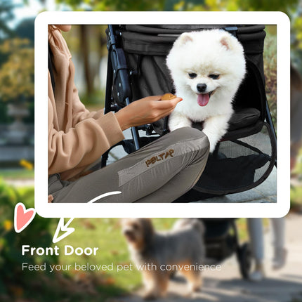 Foldable Dog Pram Stroller with 4 Wheels, Safety Leashes & Cup Holder for Small Dogs - Black