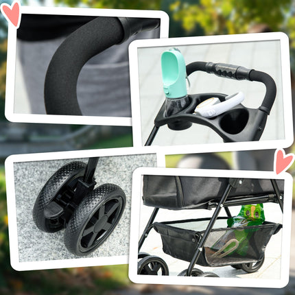 Foldable Dog Pram Stroller with 4 Wheels, Safety Leashes & Cup Holder for Small Dogs - Black