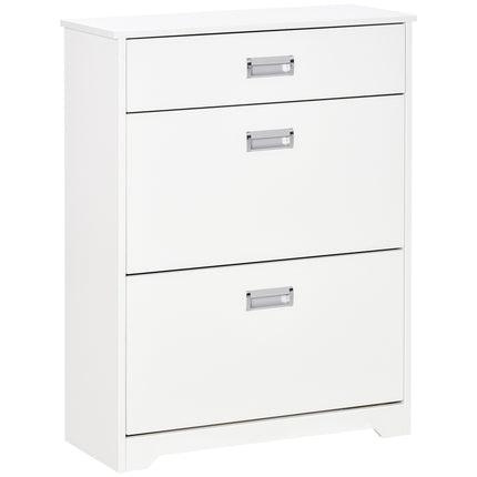 Tipping Shoe Cabinet with 2 Pull-Down Doors, Drawer & Adjustable Shelf for Narrow Entryway - White