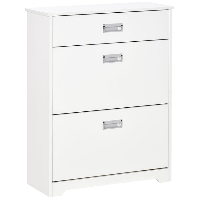 Tipping Shoe Cabinet with 2 Pull-Down Doors, Drawer & Adjustable Shelf for Narrow Entryway - White