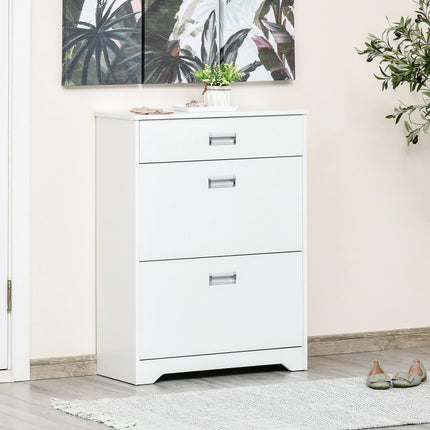 Tipping Shoe Cabinet with 2 Pull-Down Doors, Drawer & Adjustable Shelf for Narrow Entryway - White
