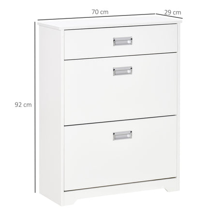 Tipping Shoe Cabinet with 2 Pull-Down Doors, Drawer & Adjustable Shelf for Narrow Entryway - White