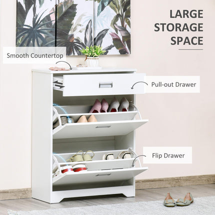 Tipping Shoe Cabinet with 2 Pull-Down Doors, Drawer & Adjustable Shelf for Narrow Entryway - White