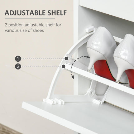 Tipping Shoe Cabinet with 2 Pull-Down Doors, Drawer & Adjustable Shelf for Narrow Entryway - White