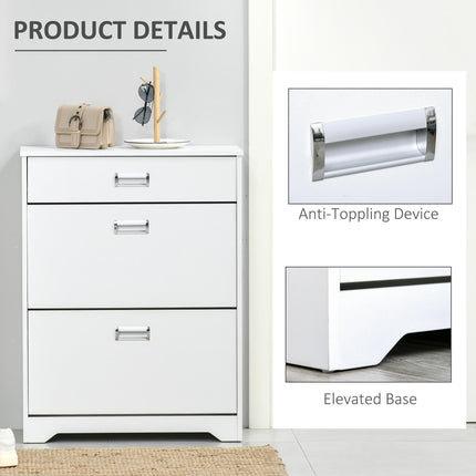 Tipping Shoe Cabinet with 2 Pull-Down Doors, Drawer & Adjustable Shelf for Narrow Entryway - White