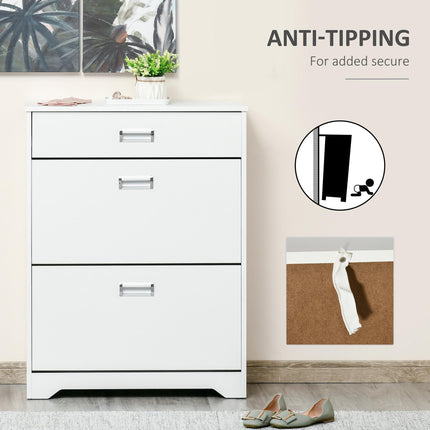 Tipping Shoe Cabinet with 2 Pull-Down Doors, Drawer & Adjustable Shelf for Narrow Entryway - White