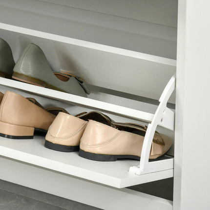 Tipping Shoe Cabinet with 2 Pull-Down Doors, Drawer & Adjustable Shelf for Narrow Entryway - White