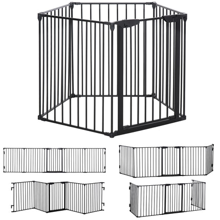 5-Panel Freestanding Stair Gate Dog PlayPen with Walk-Through Door Room Divider Metal Fence - Black