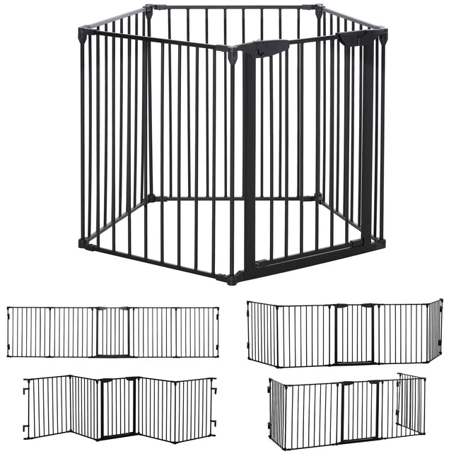 5-Panel Freestanding Stair Gate Dog PlayPen with Walk-Through Door Room Divider Metal Fence - Black