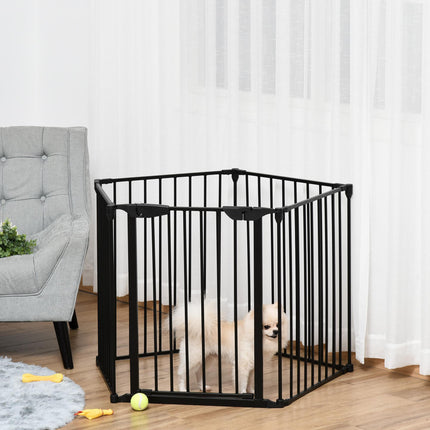 5-Panel Freestanding Stair Gate Dog PlayPen with Walk-Through Door Room Divider Metal Fence - Black