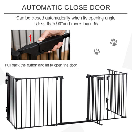 5-Panel Freestanding Stair Gate Dog PlayPen with Walk-Through Door Room Divider Metal Fence - Black