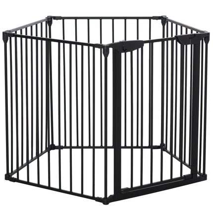5-Panel Freestanding Stair Gate Dog PlayPen with Walk-Through Door Room Divider Metal Fence - Black