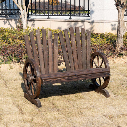 2 Seater Fir Log Garden Bench with Wheel-Shaped Armrests Outdoor Loveseat - Carbonized