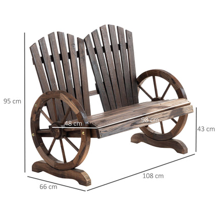 2 Seater Fir Log Garden Bench with Wheel-Shaped Armrests Outdoor Loveseat - Carbonized