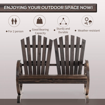 2 Seater Fir Log Garden Bench with Wheel-Shaped Armrests Outdoor Loveseat - Carbonized