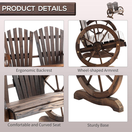 2 Seater Fir Log Garden Bench with Wheel-Shaped Armrests Outdoor Loveseat - Carbonized