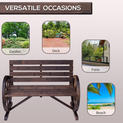2 Seater Fir Log Garden Bench with Wheel-Shaped Armrests Outdoor Loveseat - Carbonized