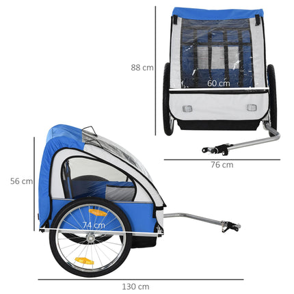 2 Seat Bike Trailer with Steel Frame and Safety Harness - Blue White