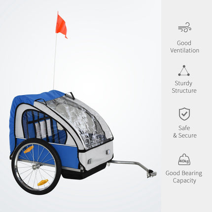 2 Seat Bike Trailer with Steel Frame and Safety Harness - Blue White
