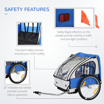 2 Seat Bike Trailer with Steel Frame and Safety Harness - Blue White