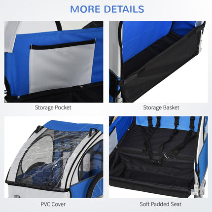 2 Seat Bike Trailer with Steel Frame and Safety Harness - Blue White