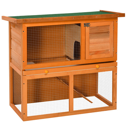 2-Tier Wooden Rabbit and Guinea Pig Hutch with Sliding Tray and Opening Top - Vintage Yellow Green