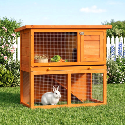 2-Tier Wooden Rabbit and Guinea Pig Hutch with Sliding Tray and Opening Top - Vintage Yellow Green