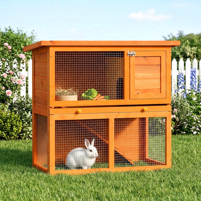 2-Tier Wooden Rabbit and Guinea Pig Hutch with Sliding Tray and Opening Top - Vintage Yellow Green