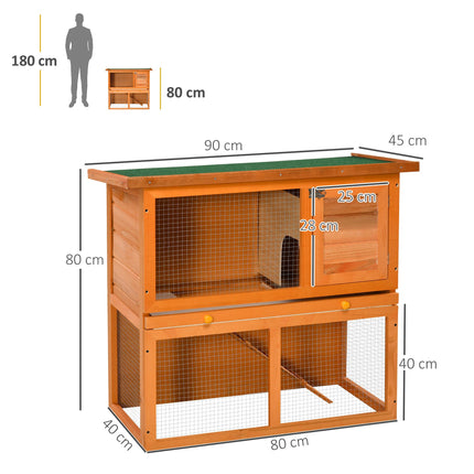 2-Tier Wooden Rabbit and Guinea Pig Hutch with Sliding Tray and Opening Top - Vintage Yellow Green