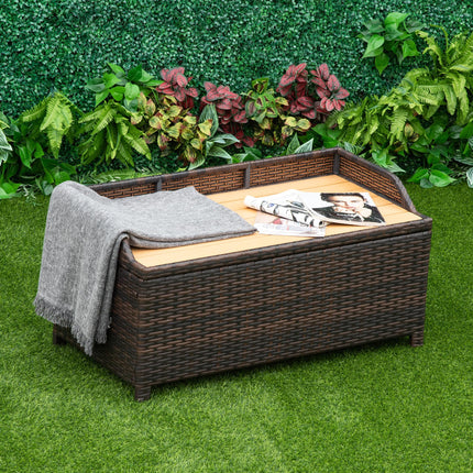 Patio PE Rattan Wicker Storage Bench with Cushion - Brown