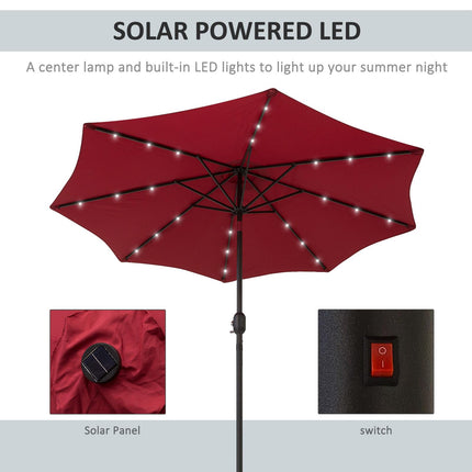 24 LED Solar Powered Garden Parasol with UV Resistant Fabric - Wine Red