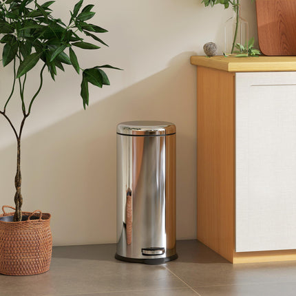 30L Foot Pedal Bin Stainless Steel Kitchen Waste Rubbish Lid - Black & Silver