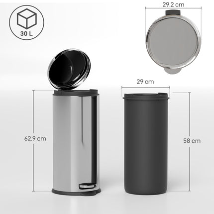 30L Foot Pedal Bin Stainless Steel Kitchen Waste Rubbish Lid - Black & Silver