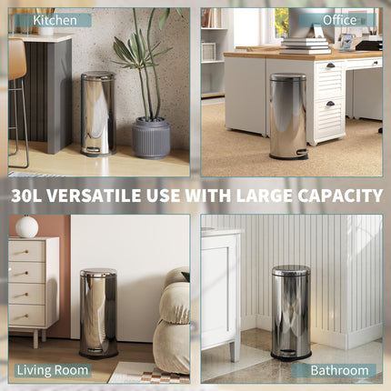 30L Foot Pedal Bin Stainless Steel Kitchen Waste Rubbish Lid - Black & Silver